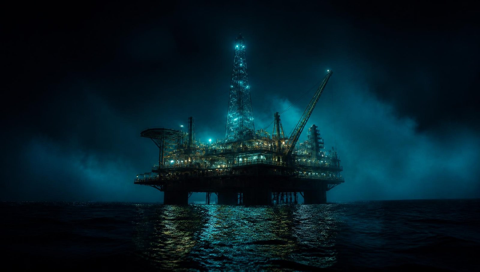 Plataforma de petróleo offshore iluminada à noite no oceano
